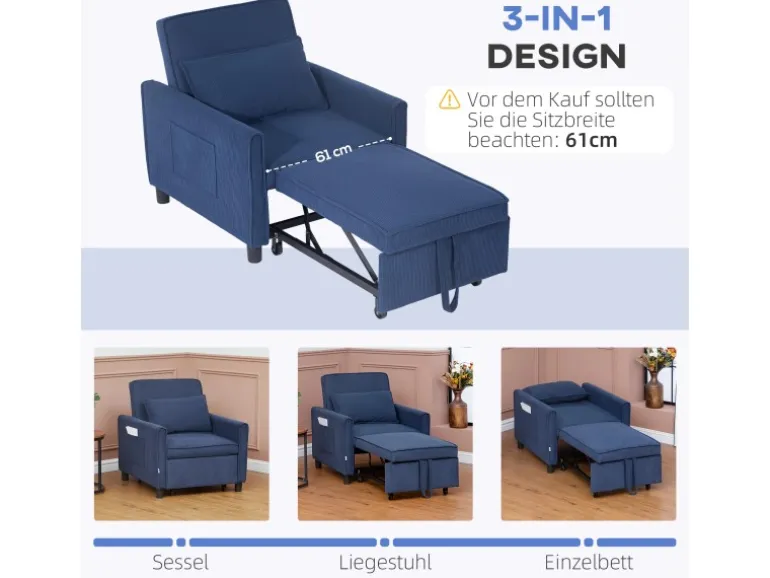 HOMCOM Schlafsessel Polyester Eukalyptusholz Blau 74L x 84B x 81H cm
