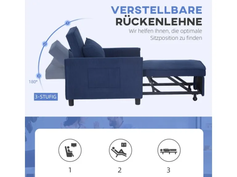 HOMCOM Schlafsessel Polyester Eukalyptusholz Blau 74L x 84B x 81H cm