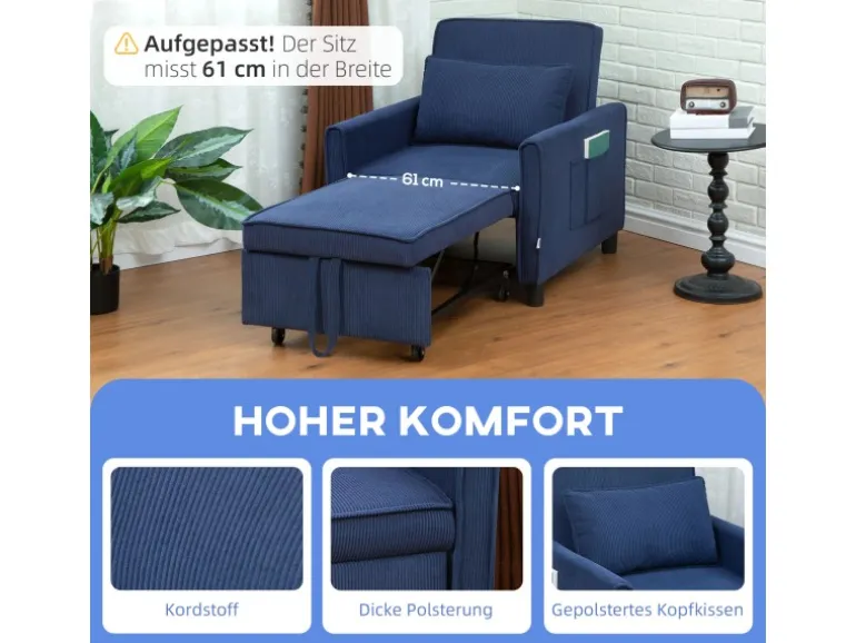 HOMCOM Schlafsessel Polyester Eukalyptusholz Blau 74L x 84B x 81H cm