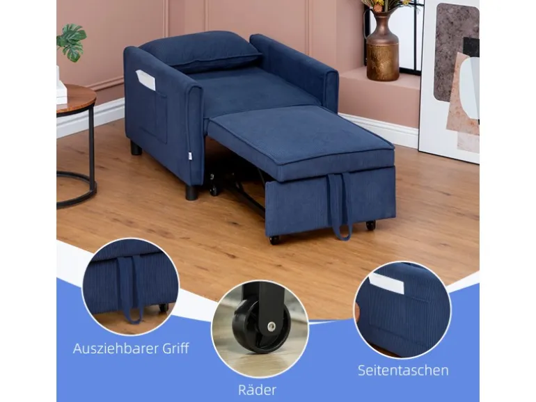 HOMCOM Schlafsessel Polyester Eukalyptusholz Blau 74L x 84B x 81H cm