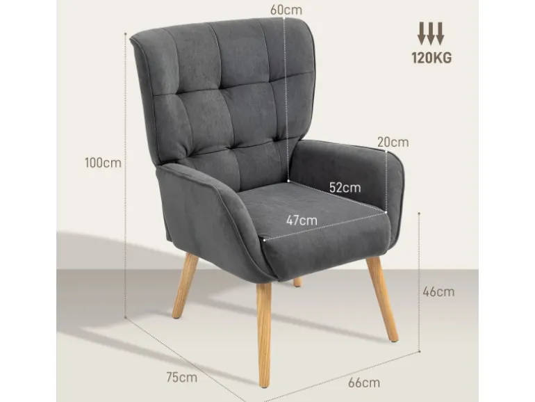 HOMCOM Sessel mit Holzbeine mit Samtoptik Samt Grau 75L x 66B x 100H cm