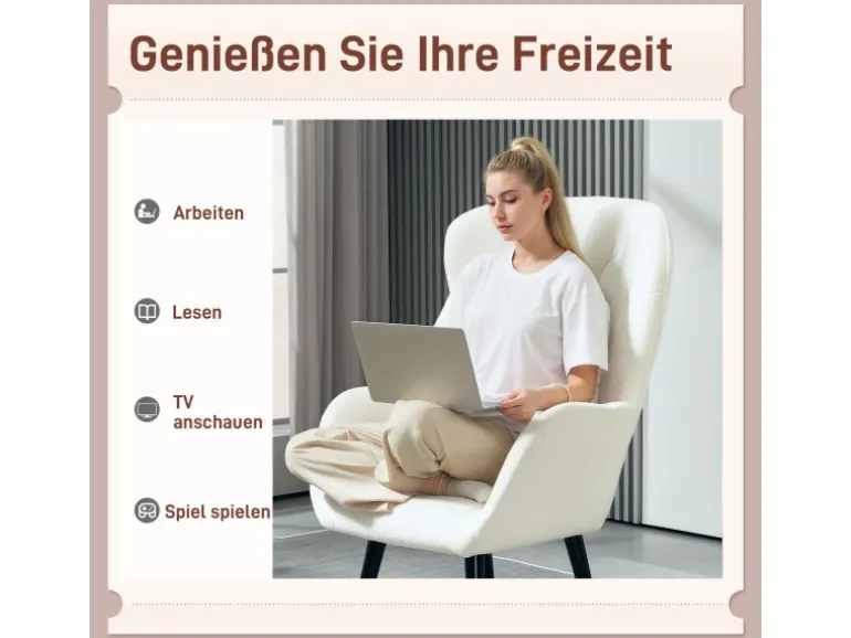 HOMCOM Sessel mit Holzbeine Polyester Weiß 88L x 75B x 106H cm