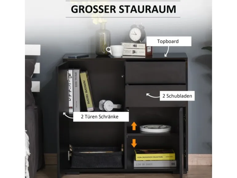 HOMCOM Sideboard mit Schublade Spanplatte MDF Schwarz 79L x 36B x 74H cm