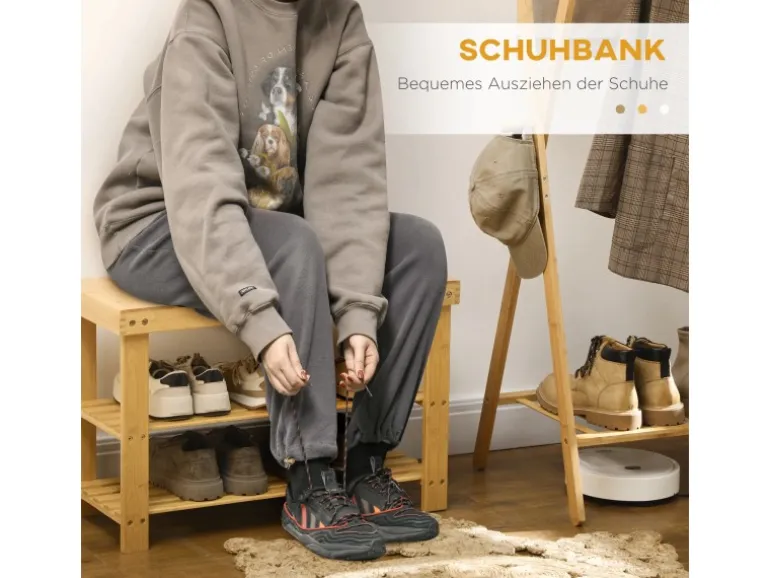HOMCOM Sitzbank mit 3 Etagen aus Bambus für 6 Paar Schuhe Natur 70 x 28 x 45cm