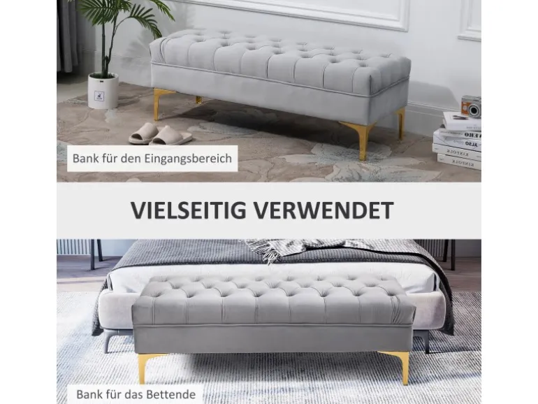 HOMCOM Sitzbank mit Erhöhten Beinen Schlafzimmer Samt Hellgrau 118 x 45 x 42 cm