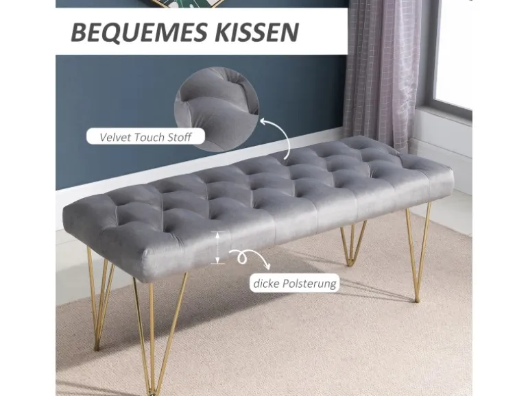 HOMCOM Sitzbank mit Samtoptik für Schlafzimmer Metall Grau 116 x 44 5 x 49 cm