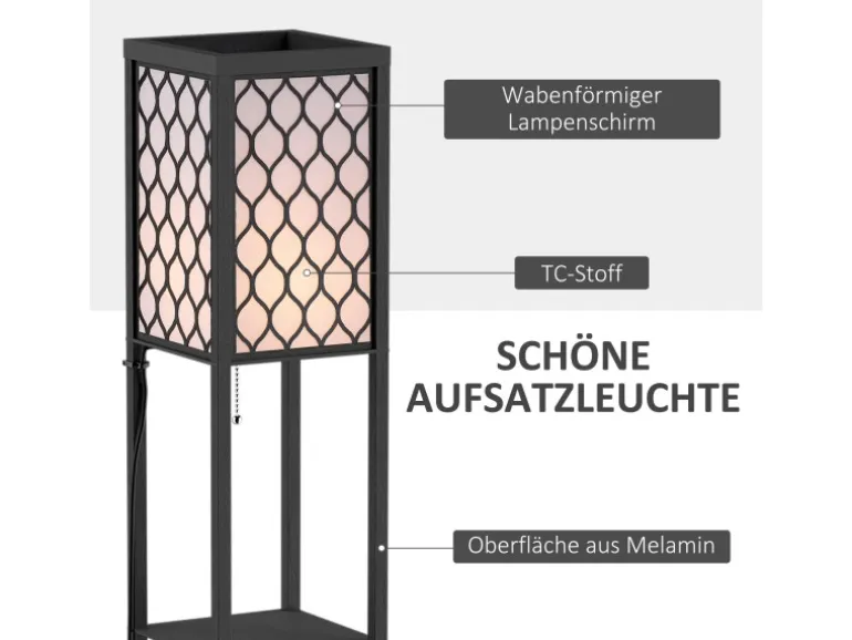 HOMCOM Stehleuchte mit Regalen E27 bis 40W Holz Schwarz 26 x 26 x 160 cm