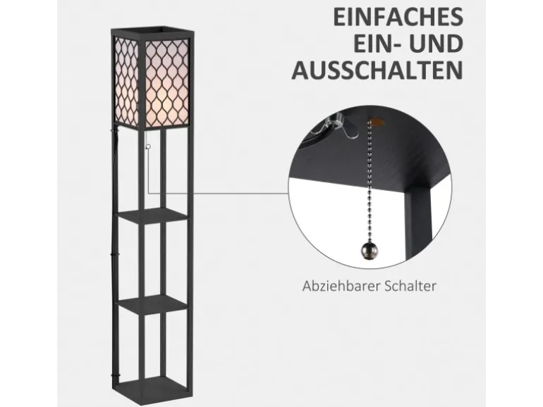 HOMCOM Stehleuchte mit Regalen E27 bis 40W Holz Schwarz 26 x 26 x 160 cm