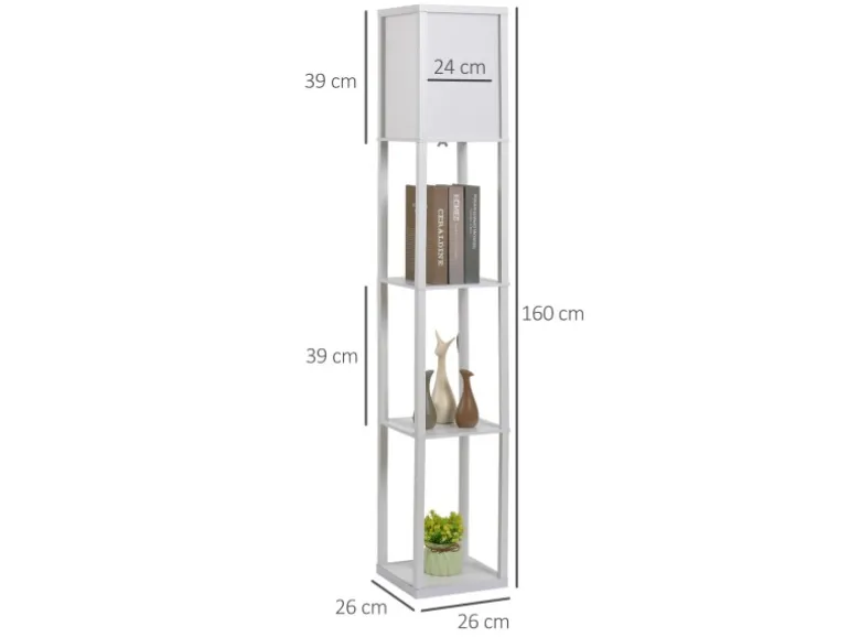 HOMCOM Stehleuchte mit Regalen E27 Holz Weiß 26 x 26 x 160 cm Ohne Glühbirne