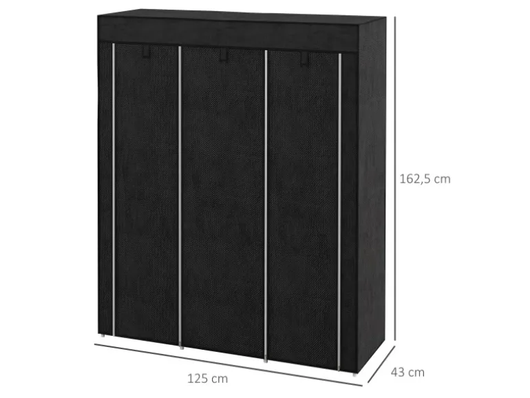HOMCOM Stoffschrank mit Kleiderstange 8 Ebenen Faltbar Schwarz 125 x 43 x162,5cm