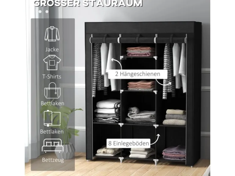 HOMCOM Stoffschrank mit Kleiderstange 8 Ebenen Faltbar Schwarz 125 x 43 x162,5cm