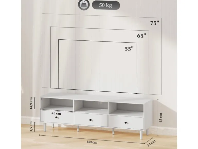 HOMCOM TV Schrank TV Board mit Schubladen 3 Offenen Fächern Weiß