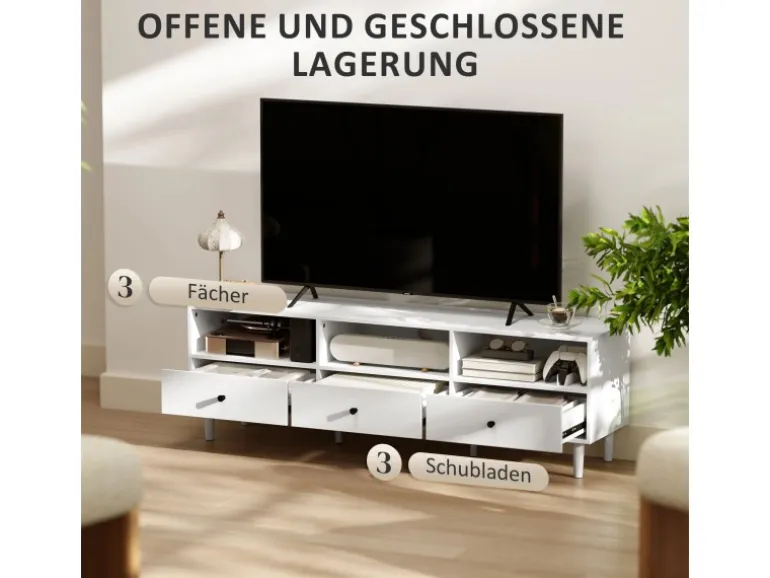 HOMCOM TV Schrank TV Board mit Schubladen 3 Offenen Fächern Weiß