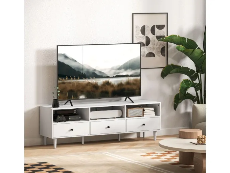 HOMCOM TV Schrank TV Board mit Schubladen 3 Offenen Fächern Weiß