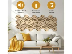 Homestyle4u Akustikpaneele Natur 30 x 26 cm 5 Stück Hexagon Wandpaneele Holz