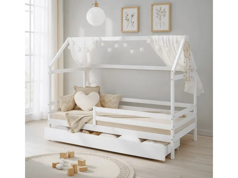 Homestyle4u Hausbett 90x200 mit Bettkasten in Weiß 2522