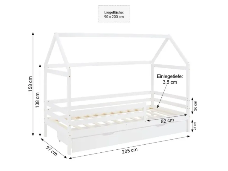 Homestyle4u Hausbett 90x200 mit Bettkasten in Weiß 2522