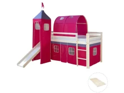 Homestyle4u Hochbett 90x200 mit Vorhang Lattenrost Rutsche Tunnel und Turm in Weiß 2579