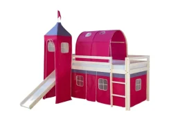 Homestyle4u Hochbett 90x200 mit Vorhang Lattenrost Rutsche Tunnel und Turm in Weiß 2579