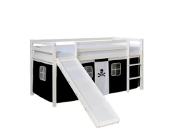 Homestyle4u Hochbett 90x200 mit Vorhang Lattenrost Matratze Rutsche in Weiß Pirat 2546