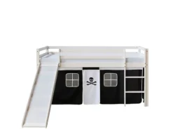 Homestyle4u Hochbett 90x200 mit Vorhang Lattenrost Matratze Rutsche in Weiß Pirat 2546