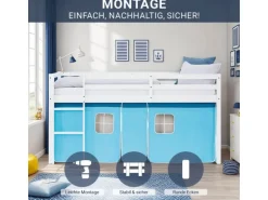 Homestyle4u Hochbett 90x200 mit Lattenrost Vorhang Blau Kinderbett 2984