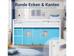 Homestyle4u Hochbett 90x200 mit Lattenrost Vorhang Blau Kinderbett 2984
