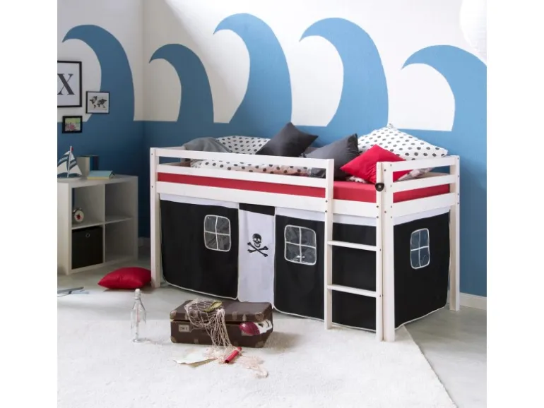 Homestyle4u Hochbett 90x200 Weiß Vorhang Pirat 1534