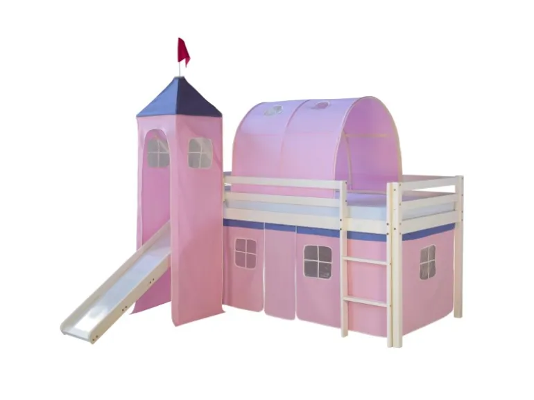 Homestyle4u Hochbett 90x200 Weiß mit Rutsche Vorhang Rosa 1575