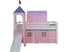 Homestyle4u Hochbett 90x200 Weiß mit Rutsche Vorhang Rosa 1575
