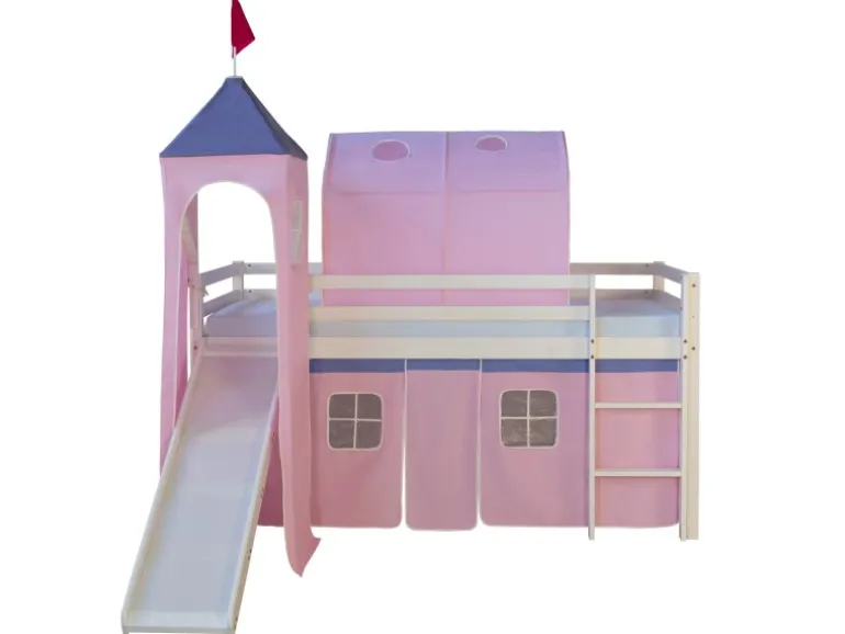 Homestyle4u Hochbett 90x200 Weiß mit Rutsche Vorhang Rosa 1575