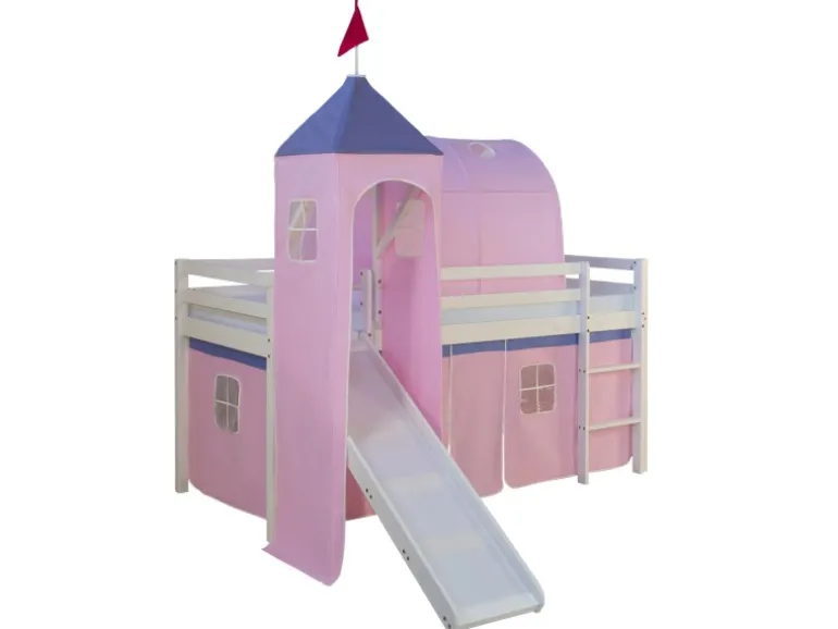 Homestyle4u Hochbett 90x200 Weiß mit Rutsche Vorhang Rosa 1575