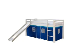 Homestyle4u Hochbett 90x200 Weiß Vorhang Blau 1544