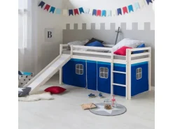 Homestyle4u Hochbett 90x200 Weiß Vorhang Blau 1544