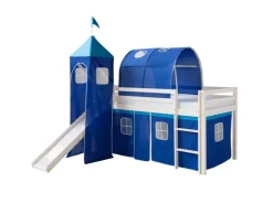 Homestyle4u Hochbett 90x200 Weiß mit Rutsche Vorhang Blau 1576