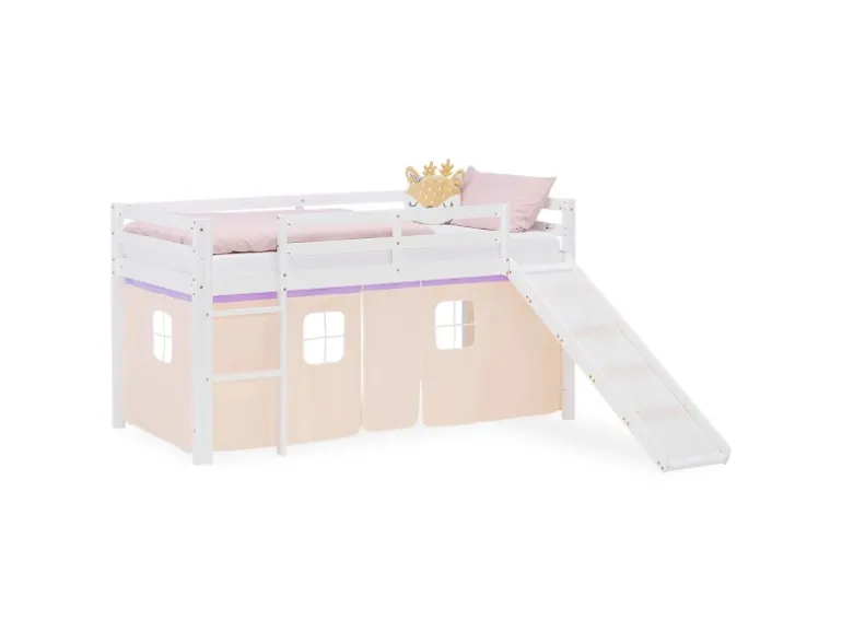 Homestyle4u Kinder Hochbett 90x200 Rutsche Lila Peach Kinderbett Weiß 2950
