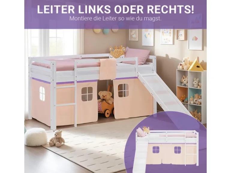 Homestyle4u Kinder Hochbett 90x200 Rutsche Lila Peach Kinderbett Weiß 2950