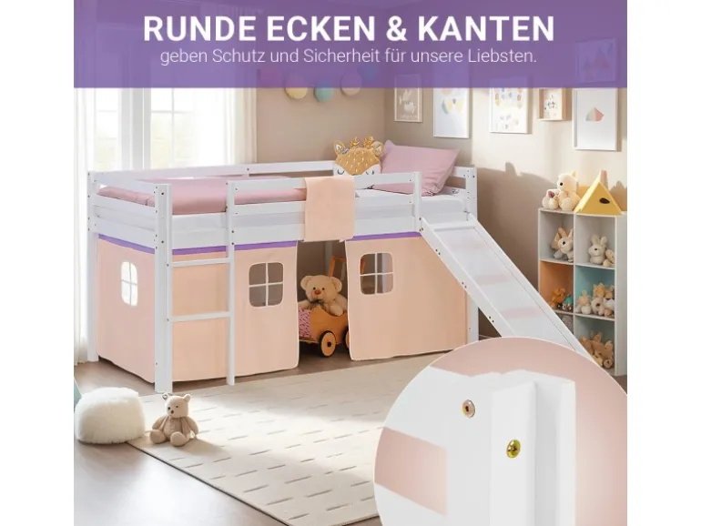 Homestyle4u Kinder Hochbett 90x200 Rutsche Lila Peach Kinderbett Weiß 2950