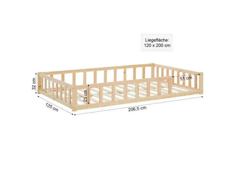 Homestyle4u Kinderbett Natur mit Rausfallschutz 120x200 cm Bodenbett Lattenrost 2839