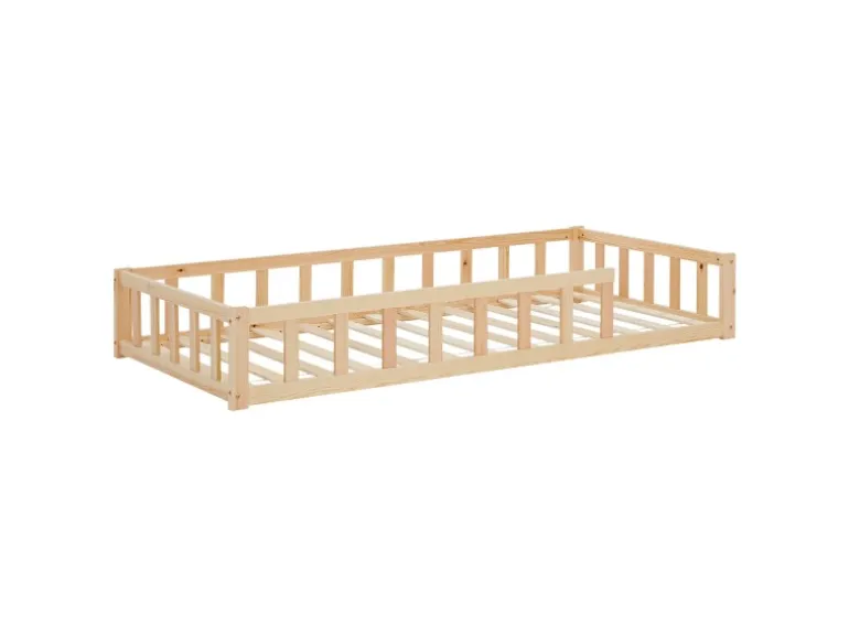 Homestyle4u Kinderbett Natur mit Rausfallschutz 90x200 cm Bodenbett Lattenrost Matratze 3025