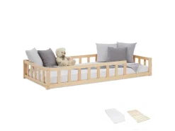 Homestyle4u Kinderbett Natur mit Rausfallschutz 90x200 cm Bodenbett Lattenrost Matratze 3025