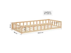 Homestyle4u Kinderbett Natur mit Rausfallschutz 90x200 cm Bodenbett Lattenrost Matratze 3025