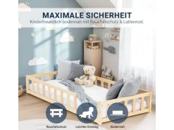 Homestyle4u Kinderbett Natur mit Rausfallschutz 90x200 cm Bodenbett Lattenrost Matratze 3025