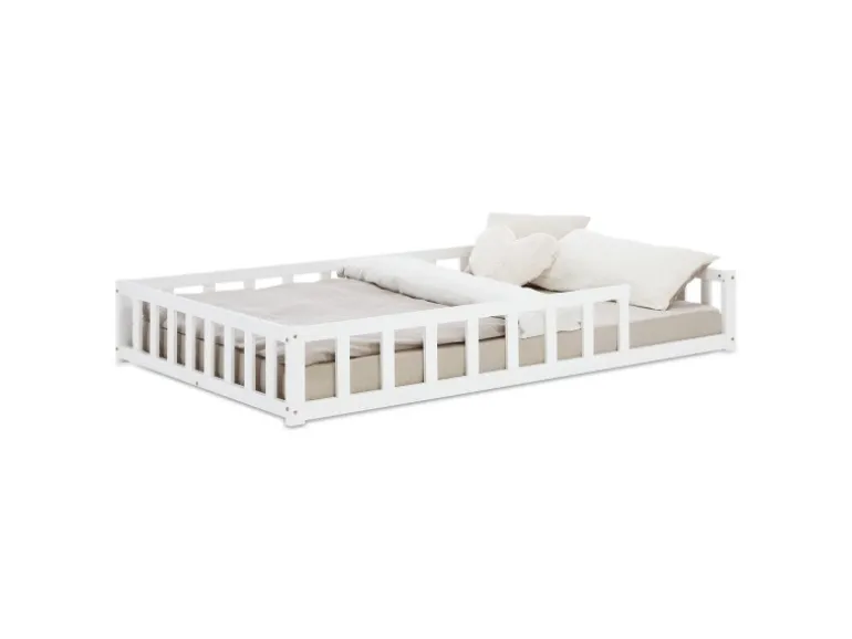 Homestyle4u Kinderbett Weiß mit Rausfallschutz 120x200 cm Bodenbett Lattenrost 2838