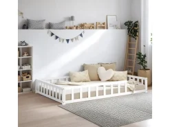 Homestyle4u Kinderbett Weiß mit Rausfallschutz 120x200 cm Bodenbett Lattenrost 2838
