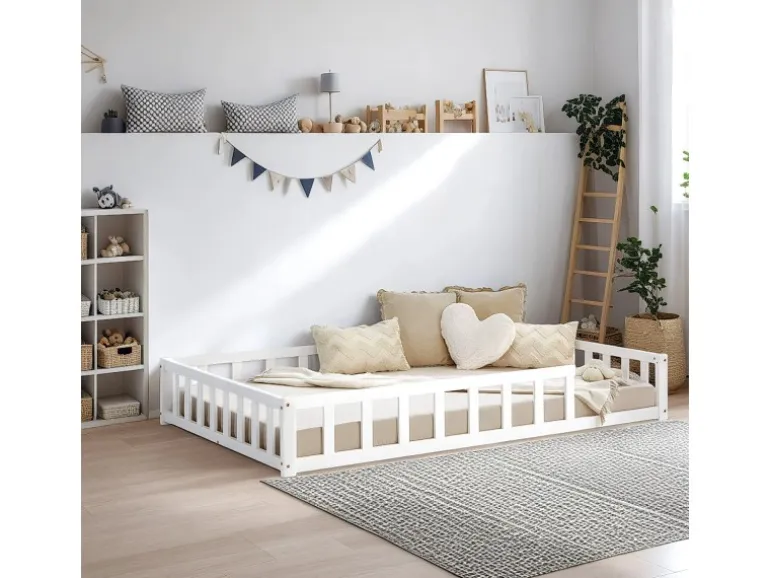Homestyle4u Kinderbett Weiß mit Rausfallschutz 120x200 cm Bodenbett Lattenrost 2838