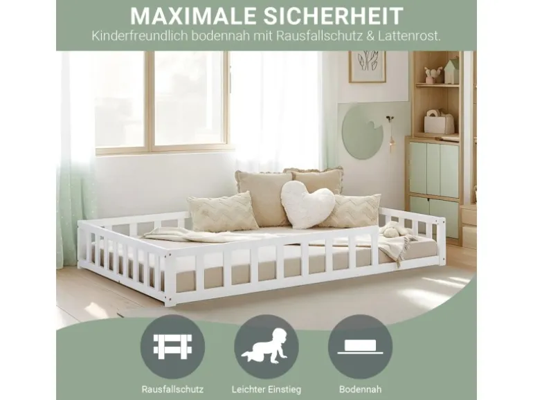 Homestyle4u Kinderbett Weiß mit Rausfallschutz 120x200 cm Bodenbett Lattenrost 2838