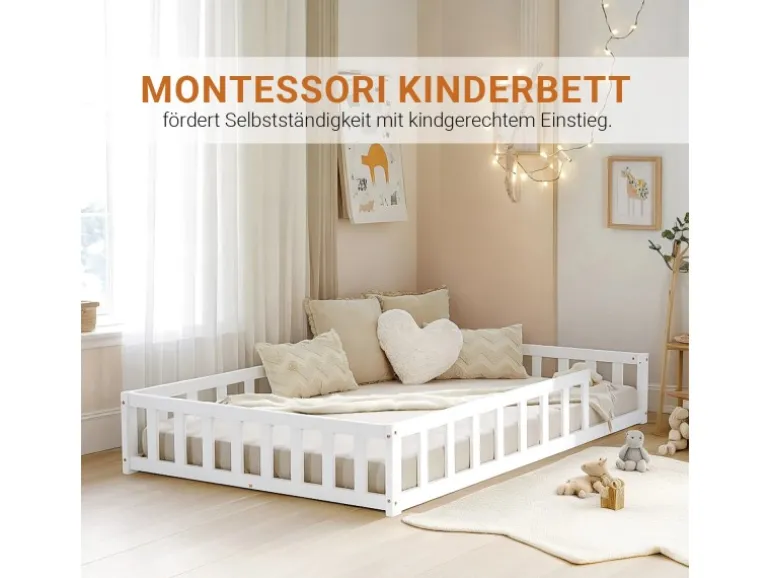 Homestyle4u Kinderbett Weiß mit Rausfallschutz 120x200 cm Bodenbett Lattenrost 2838