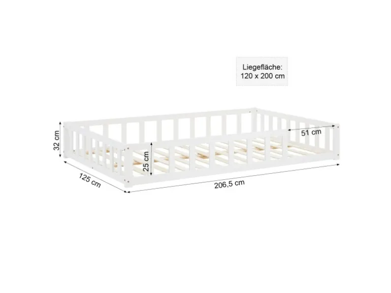 Homestyle4u Kinderbett Weiß mit Rausfallschutz 120x200 cm Bodenbett Lattenrost 2838
