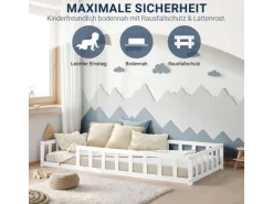 Homestyle4u Kinderbett Weiß mit Rausfallschutz 90x200 cm Bodenbett Lattenrost Matratze 3024